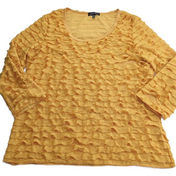 Slinky Brand Tops - Slinky Brand Women's Tiered Ruffle Top Size XL Yellow Scoop Neck 3/4 Sleeves